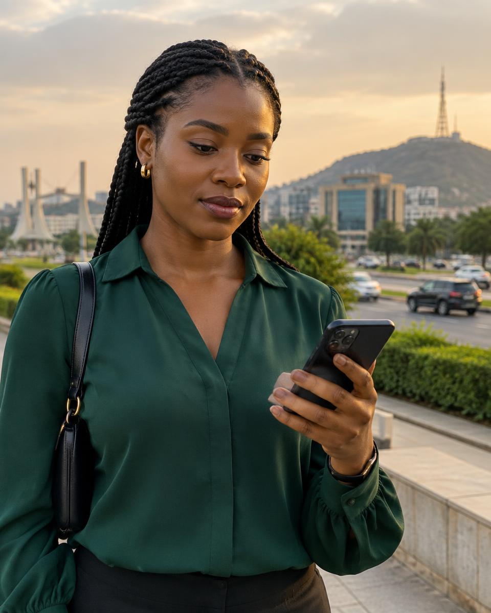 A woman in Abuja checking local information on her phone
